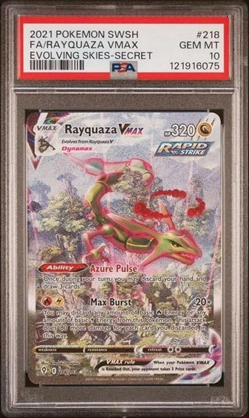 Pokemon Rayquaza VMAX Evolving Skies Secret Full Alt Art #218 PSA 10 Gem Mint: Condition: Graded - PSA 10: Professionally graded ,Set: SWSH07: Evolving Skies,HP: 320,Graded: Yes,Rarity: Secret Rare,Game: PokÃƒÂ©mon TCG,Language: English,Illustrator: Anesaki D