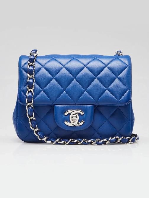 Chanel Blue Quilted Lambskin Leather Classic Square Mini Flap Bag: Condition: Pre-owned - Good,Brand: Chanel,Style: Crossbody Bags,Everyday Bags,Department: Women,Exterior Color: Blue,Exterior Material: Leather,Country of Origin: Italy Description Go in style with