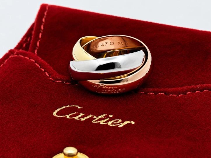 Cartier Trinity Classic Ring Large Model Tri Color 18k Gold COA Pouch: Condition: Pre-owned - Good,Shape: Round,Signed: Yes,Color: Multicolor,Sizable: No,Metal: Multi-Tone Gold,Materials sourced from: France,Main Stone: No Stone,Brand: Cartier,Ring Size: 4.5,Type: Ring,M