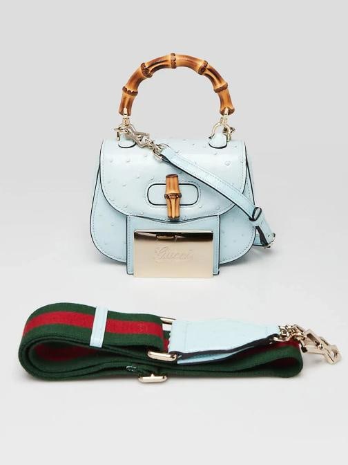 Gucci Light Blue Ostrich 1947 Mini Bamboo Top Handle Bag - 11