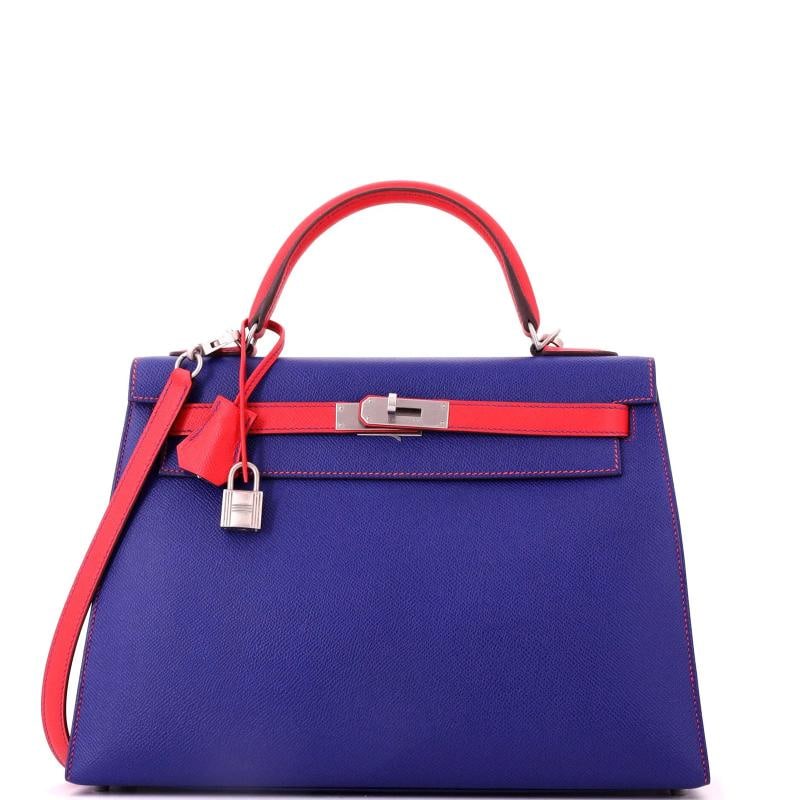 Hermes Kelly Handbag Bicolor Epsom with Brushed Palladium Hardware 32: Condition: Pre-owned - Excellent,Brand: Hermes,Exterior Material: Leather,Style: Top Handle,Exterior Color: Blue,Department: Women,Size: 32,Accessories: Keys, Lock, Clochette, With Strap Condition: Gr