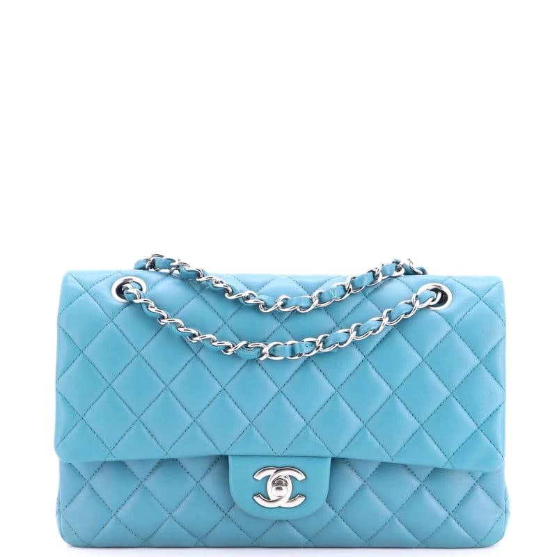 Chanel Classic Double Flap Bag Quilted Lambskin Medium: Measurements: Handle Drop 9", Height 6", Width 10", Depth 3", Strap Drop 16" . Condition: Pre-owned - Excellent,Brand: Chanel,Exterior Material: Leather,Style: Shoulder Bags,Exterior Color: Blue,Depar
