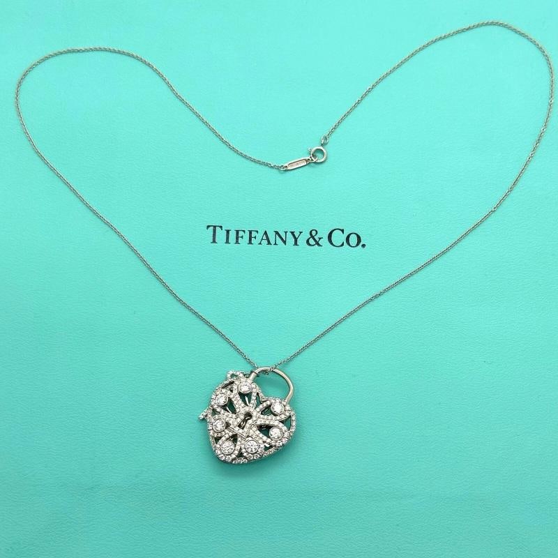 Tiffany & Co Large Filigree Heart Key Diamond Pendant Necklace 18K White Gold - 10