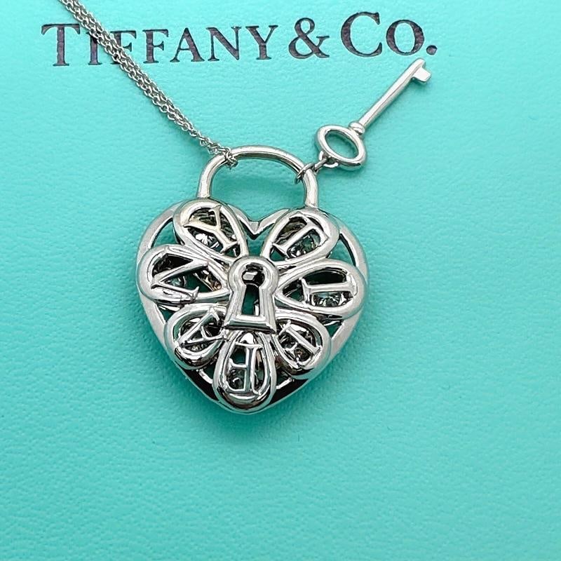 Tiffany & Co Large Filigree Heart Key Diamond Pendant Necklace 18K White Gold - 11