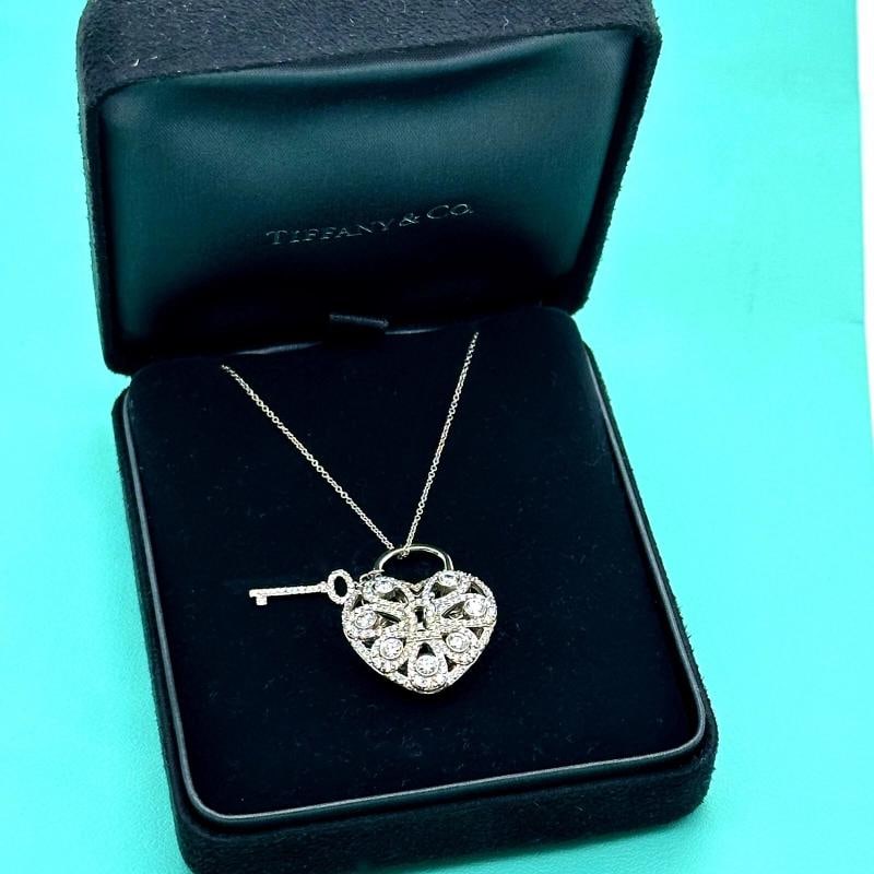 Tiffany & Co Large Filigree Heart Key Diamond Pendant Necklace 18K White Gold - 3