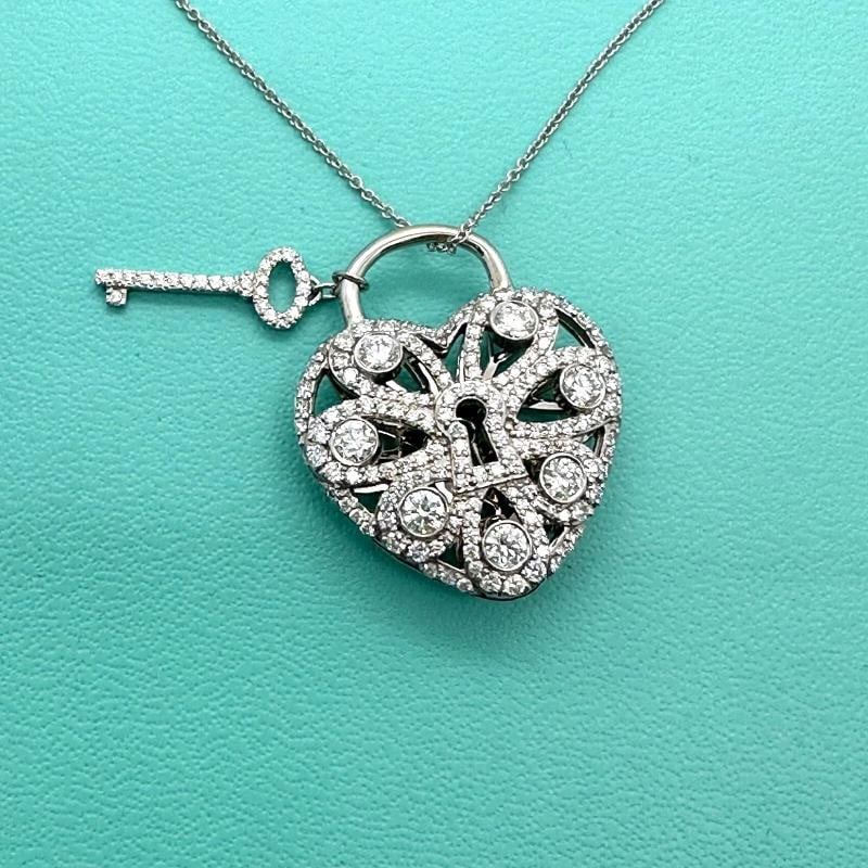 Tiffany & Co Large Filigree Heart Key Diamond Pendant Necklace 18K White Gold - 4