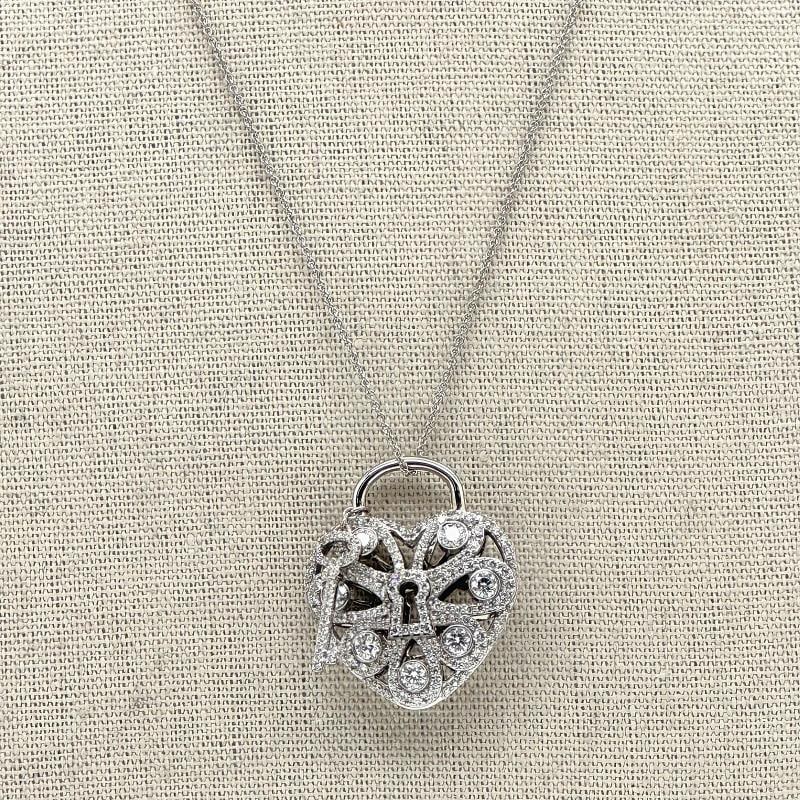 Tiffany & Co Large Filigree Heart Key Diamond Pendant Necklace 18K White Gold - 9