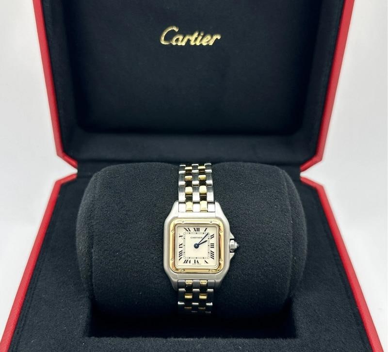 Cartier Panthere Small 112000R 22mm Ladies Watch 18K Yellow Gold Stainless Steel: Style Number: 112000R Year: 2007 Model: Cartier Ladies Panthere Small Case Material: Stainless Steel Band: 18K Yellow Gold & Stainless Steel Bezel: 18K Yellow Gold Dial: White / Ivory Crystal: Sapphir