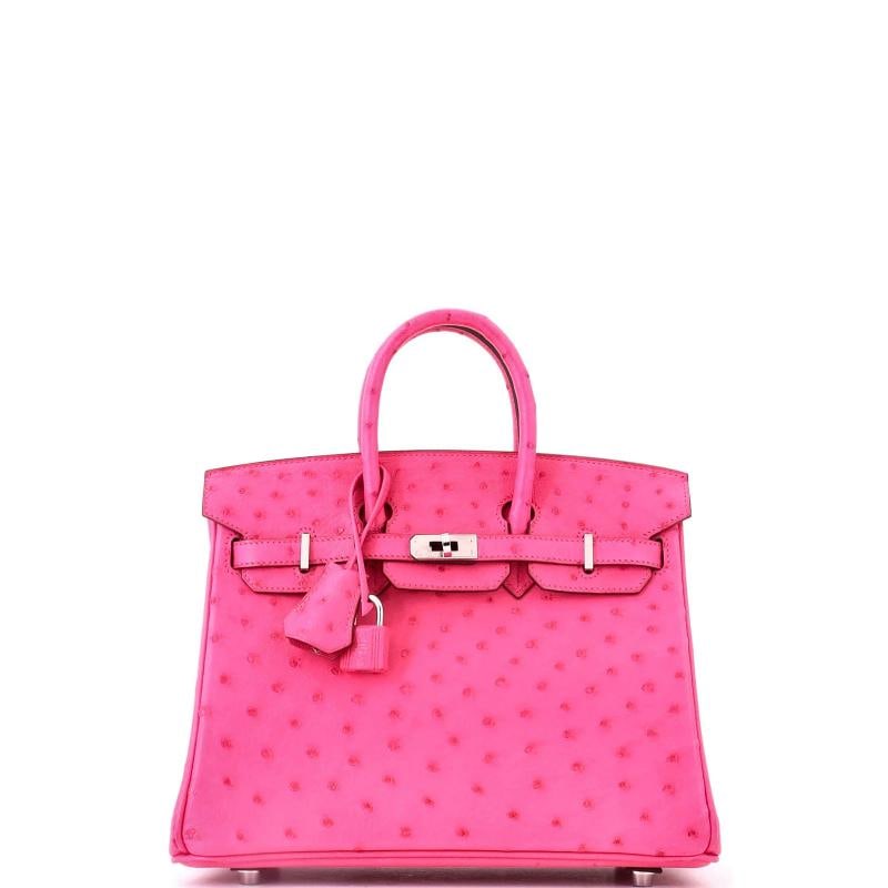 Hermes Birkin Handbag Pink Ostrich with Palladium Hardware 25: Accessories: Box, Keys, Lock, Clochette Measurements: Height 8", Width 9.5", Depth 5". Condition: Pre-owned - Excellent,Brand: Hermes,Exterior Material: Ostrich, Exotic,Style: Totes,Exterior Color: Pi