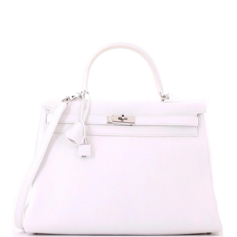 Hermes Kelly Handbag White Togo with Palladium Hardware 35: Accessories: Lock, Keys, Dust Bag, Box, Clochette, With Strap Measurements: Height 10", Width 13.5", Depth 5" . Condition: Pre-owned - Excellent,Brand: Hermes,Exterior Material: Leather,Style: Top Han