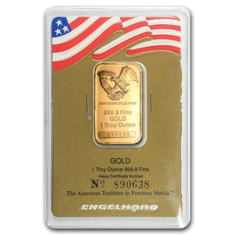 1 oz Gold Bar - Engelhard ('Eagle' logo, In Assay): Brand: Engelhard,MPN: 74054,Year: N/A,Fineness: 0.9999,Denomination: 1 oz,Country of Origin: United States,Circulated/Uncirculated: Circulated,Certification: Uncertified