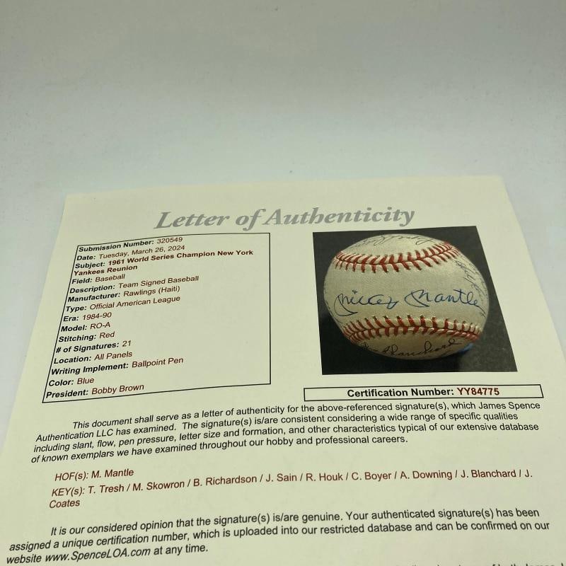 1961 New York Yankees World Series Champs Team Signed Baseball Mickey Mantle JSA - 8