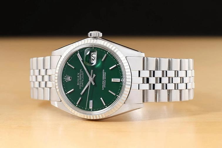 ROLEX DATEJUST 1601 GREEN DIAL 18K WHITE GOLD STEEL FOLDED BRACELET WATCH - 2