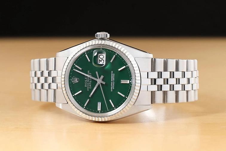 ROLEX DATEJUST 1601 GREEN DIAL 18K WHITE GOLD STEEL FOLDED BRACELET WATCH - 3