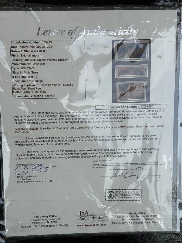 Star Wars Signed Cast Cuts Harrison Ford Mark Hamill Carrie Fisher +6 Framed JSA - 9