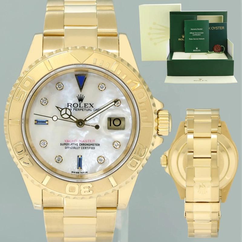 MINT Rolex Yacht-Master Yellow Gold MOP Sapphire Diamond 40mm 16628 40mm Watch: Condition: Pre-owned - Excellent,Brand: Rolex,Department: Unisex Adults,Type: Wristwatch,Model: Yacht-Master,Reference Number: 16628,With Original Box/Packaging: Yes,With Papers: No,Customized: Yes,UP