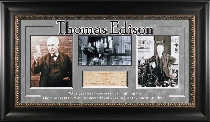 Thomas Edison Authentic Signed & Framed 1929 3.5x8.5 EBR Corp Check (JSA LOA): Condition: Used: An item that has been used previously. See the sellers listing for full details and description of any imperfections. ,Autograph Authentication: JSA,Original/Reproduction: