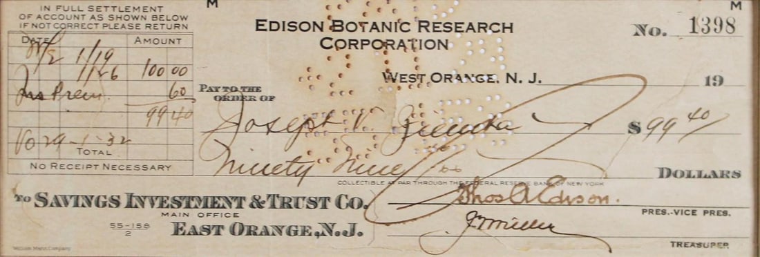 Thomas Edison Authentic Signed & Framed 1929 3.5x8.5 EBR Corp Check (JSA LOA) - 2