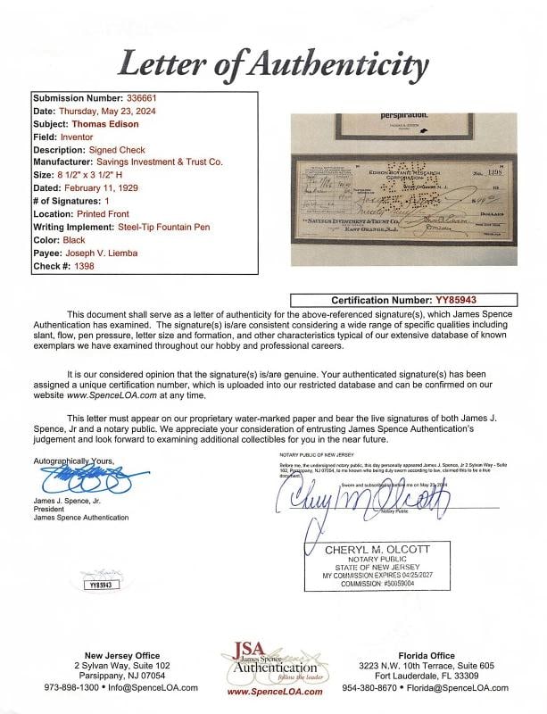 Thomas Edison Authentic Signed & Framed 1929 3.5x8.5 EBR Corp Check (JSA LOA) - 3