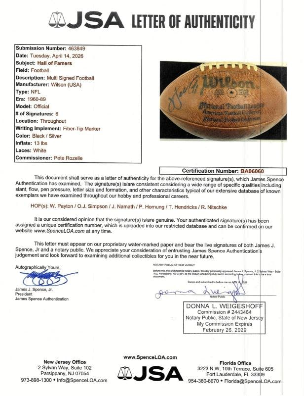 Walter Payton Joe Namath OJ Simpson Ray Nitschke HOF Signed Football JSA COA - 6