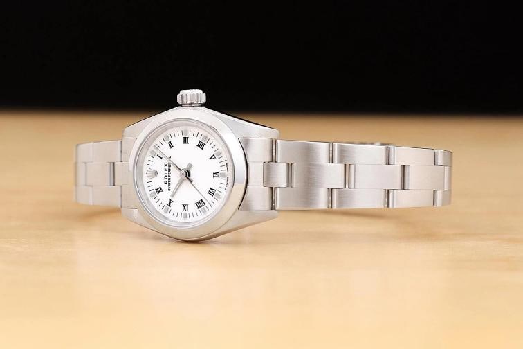 ROLEX LADIES OYSTER PERPETUAL 26MM 67180 WHITE ROMAN STAINLESS STEEL WATCH - 2