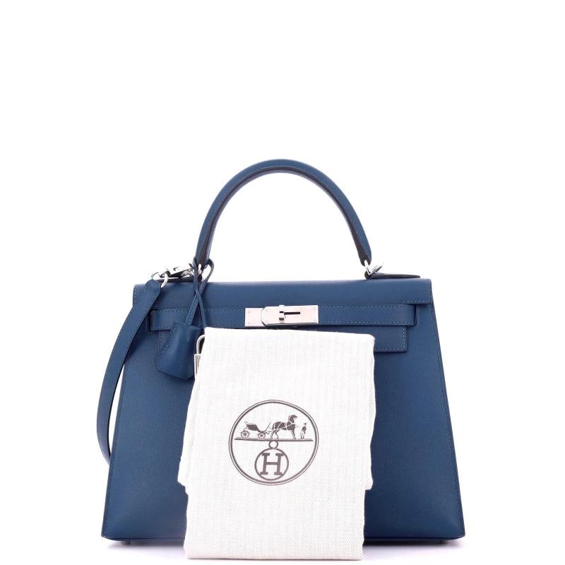 Hermes Kelly Handbag Blue Madame with Palladium Hardware 28 - 2