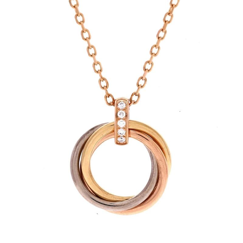 Cartier Trinity Pendant Necklace 18K Tricolor Gold and Diamonds: Condition: Pre-owned - Good,Brand: Cartier,Main Stone: Diamond,Metal: 18K Tri Colored Gold,Metal Purity: 18K,Style: Pendant,Type: Necklace,Color: Tricolor Gold,Material: 18K Rose Gold, 18K White