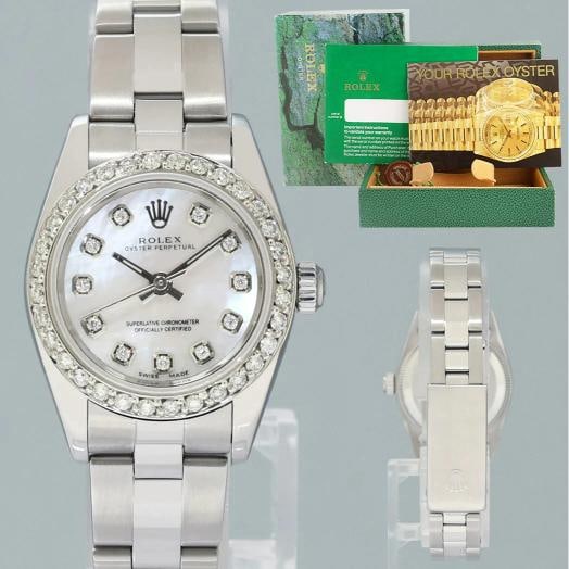 MINT Ladies Rolex 24mm Steel 76080 Mother of Pearl Diamond Oyster Perpetual: Case & Dial Case Material: Rolex Stainless Steel Case Size: 24mm Bezel: Custom Diamond Crystal: Rolex Sapphire Dial: Custom Mother of Pearl Movement & Bracelet Movement: Rolex Automatic Bracelet Desig