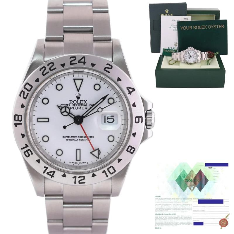 2006 PAPERS MINT Rolex Explorer II White 16570 40mm Polar GMT Watch Box: Case & Dial Case Material: Rolex Stainless Steel Case Size: 40mm Bezel: Rolex Steel Crystal: Rolex Sapphire Dial: Rolex White Movement & Bracelet Movement: Rolex Automatic Bracelet Design: Rolex