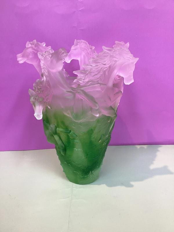 Nancy Daum style horse vase pink green Ombere H9 watch video heavy Art glass - 10