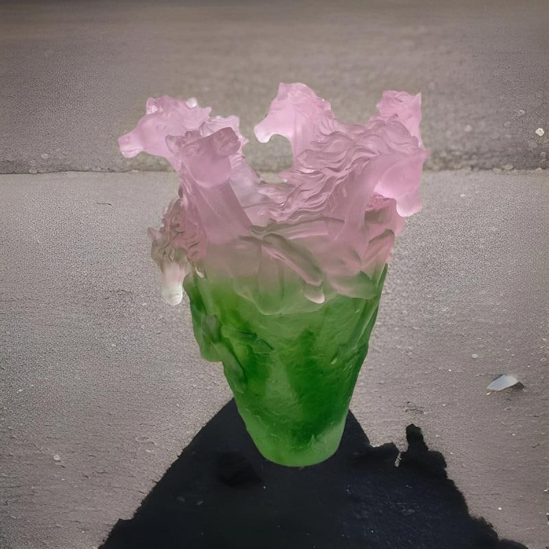 Nancy Daum style horse vase pink green Ombere H9 watch video heavy Art glass - 2