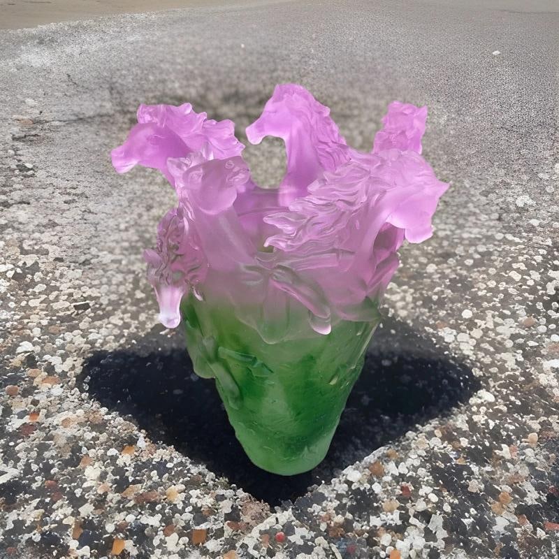 Nancy Daum style horse vase pink green Ombere H9 watch video heavy Art glass - 3