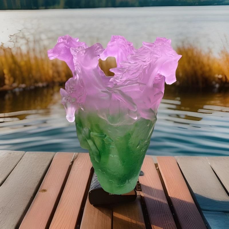 Nancy Daum style horse vase pink green Ombere H9 watch video heavy Art glass - 5