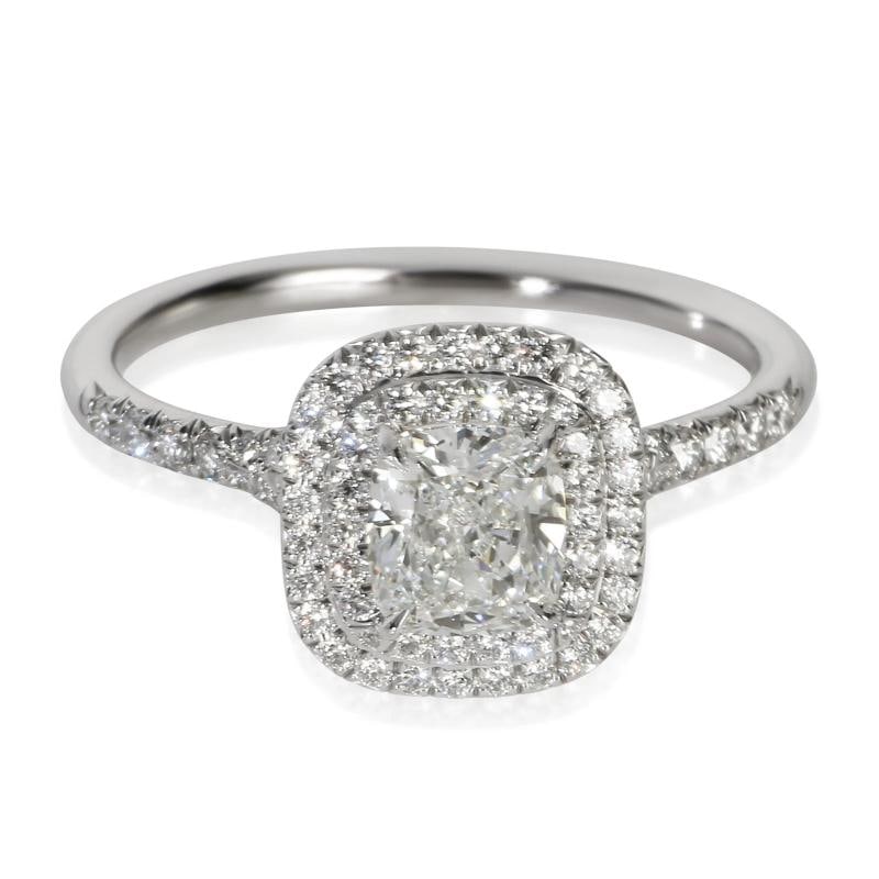 Tiffany & Co. 1.07 ct Cushion Diamond Soleste Double Halo Engagement Ring: Condition: Pre-owned - Good,Shape: Round Brilliant,With Original Box/Packaging: Yes,With Papers: Yes,Main Stone Weight (cts): 1.07,Side Stone Type: Diamond,Side Stone Weight (cts): 0.33,Main Stone: