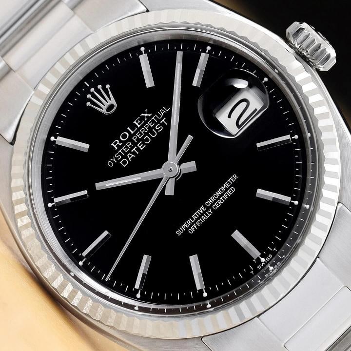 ROLEX DATEJUST 1601 18K WHITE GOLD BLACK DIAL STAINLESS STEEL OYSTER WATCH: Condition: Pre-owned - Excellent,Brand: Rolex,Department: Men's,Dial: Rolex Stick Dial Ref.,Bezel: Rolex 18K White Gold Fluted Bezel,Features: 12-Hour Dial, Acrylic Crystal, Chronometer, Screwdown Cro