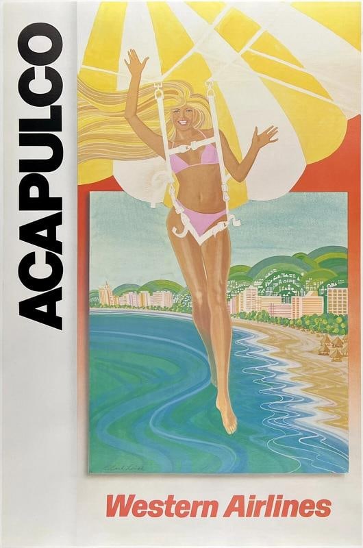 Original Vintage Poster ACAPULCO WESTERN AIRLINES Airline Travel Tourism LINEN: Condition: Used,Country of Origin: United States,Modified Item: No,Type: Poster,Airline: Western Condition: Excellent * (linen backed; near mint condition with a very small scuff upper right edge)