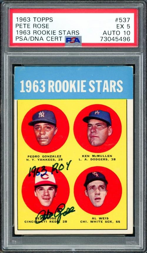 Pete Rose Signed 1963 Topps RC 537 Reds PSA 5 Sig 10 "1963 ROY" PSA/DNA (1 of 2)