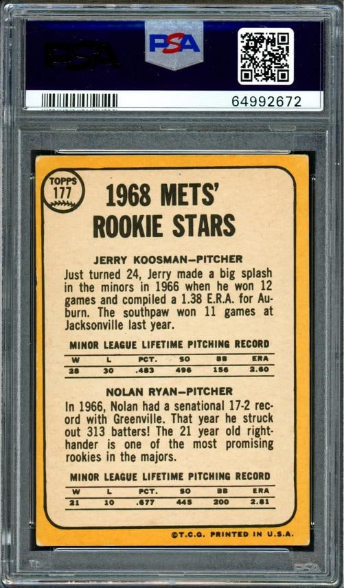 Nolan Ryan Signed 1968 Topps RC 177 New York Mets PSA 3 Sig 10 PSA/DNA - 2