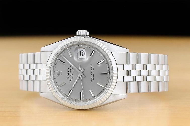 ROLEX DATEJUST 1601 GRAY DIAL 18K WHITE GOLD STEEL FOLDED BRACELET WATCH - 3