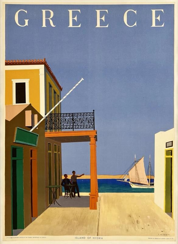 Original Vintage Poster GREECE ISLAND OF HYDRA Greek Travel Tourism LINEN: Dimensions: 23.2 x 32 in. / 59 x 81.3 cm.; Circa: 1948 Original vintage "GREECE - ISLAND OF HYDRA" travel poster, plate signed by its artist, J. MOGLYNS, and printed circa 1948.