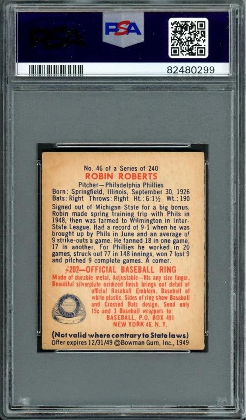 Robin Roberts Signed 1949 Bowman RC 46 Phillies Auto GM 10 PSA/DNA #82480299 - 2