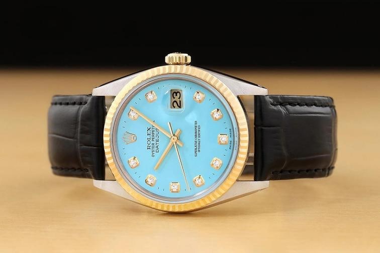 ROLEX MENS DATEJUST 16013 AQUA BLUE DIAMOND 18K GOLD STEEL BLACK LEATHER WATCH - 3
