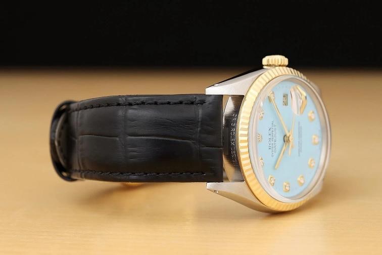 ROLEX MENS DATEJUST 16013 AQUA BLUE DIAMOND 18K GOLD STEEL BLACK LEATHER WATCH - 7