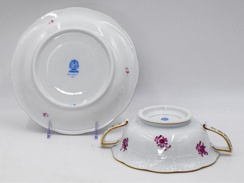 Set of 6 Herend Chinese Bouquet Raspberry Cream Soups & Underplates Hand Painted - 12