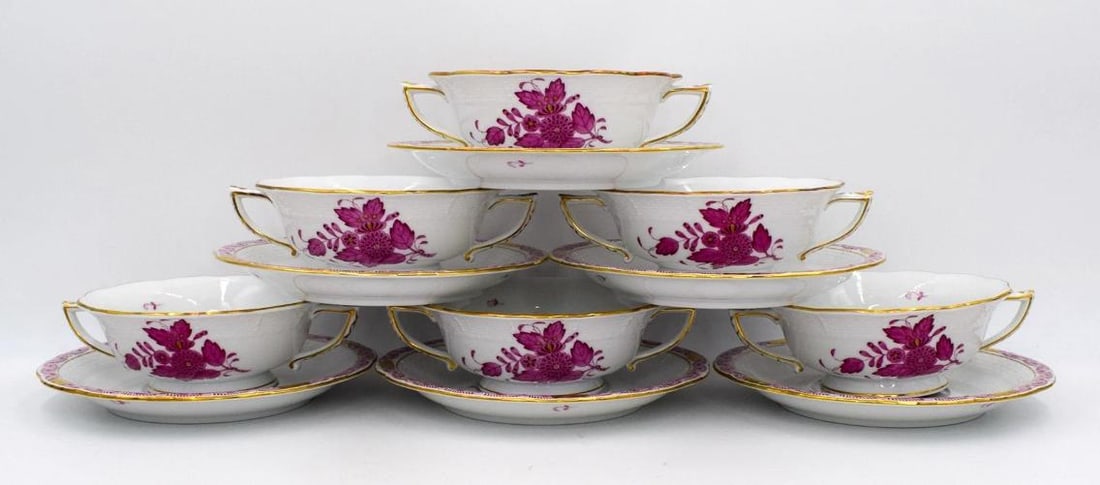 Set of 6 Herend Chinese Bouquet Raspberry Cream Soups & Underplates Hand Painted (1 of 12)