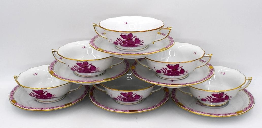 Set of 6 Herend Chinese Bouquet Raspberry Cream Soups & Underplates Hand Painted - 2