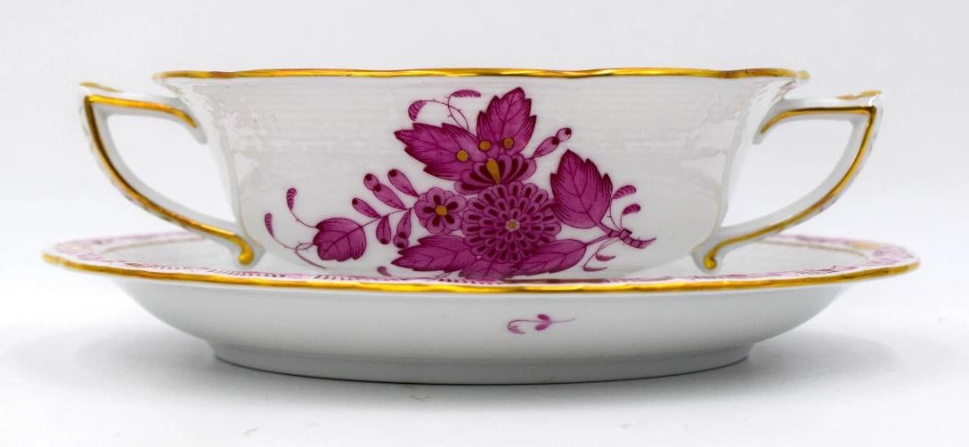 Set of 6 Herend Chinese Bouquet Raspberry Cream Soups & Underplates Hand Painted - 3