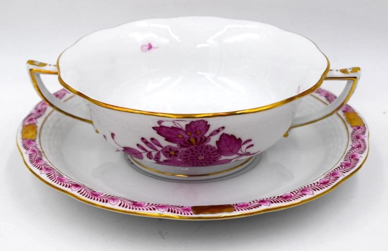 Set of 6 Herend Chinese Bouquet Raspberry Cream Soups & Underplates Hand Painted - 4