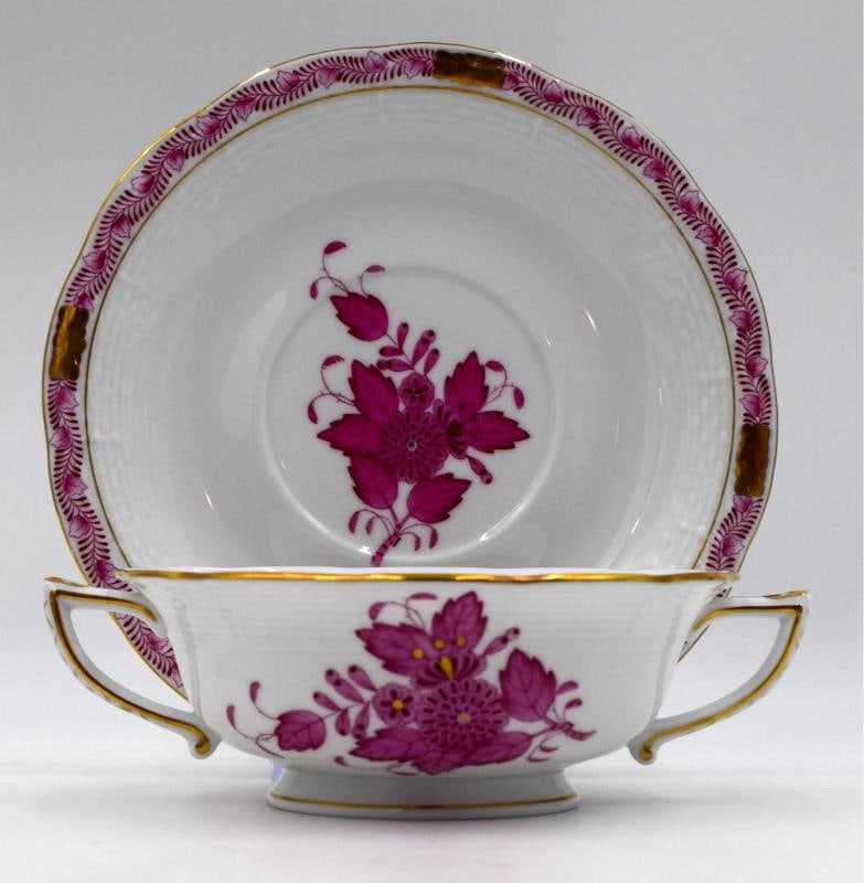 Set of 6 Herend Chinese Bouquet Raspberry Cream Soups & Underplates Hand Painted - 5