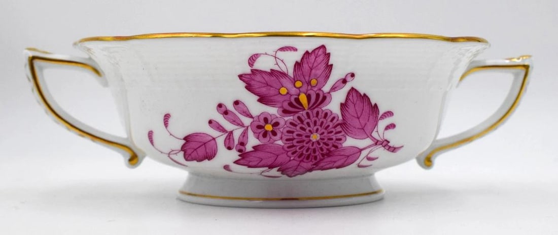 Set of 6 Herend Chinese Bouquet Raspberry Cream Soups & Underplates Hand Painted - 9